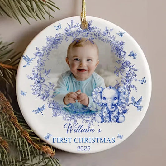 Personalized Baby's First Christmas Ceramic Ornament with Blue Floral Wreath
