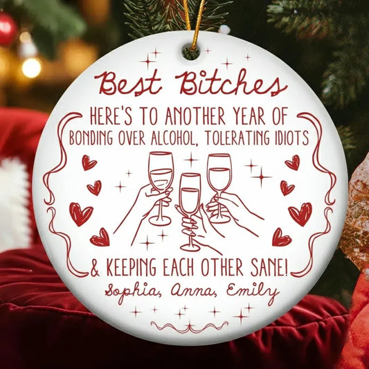 Personalized Best Friends Ornament with Red Cheers Line Art