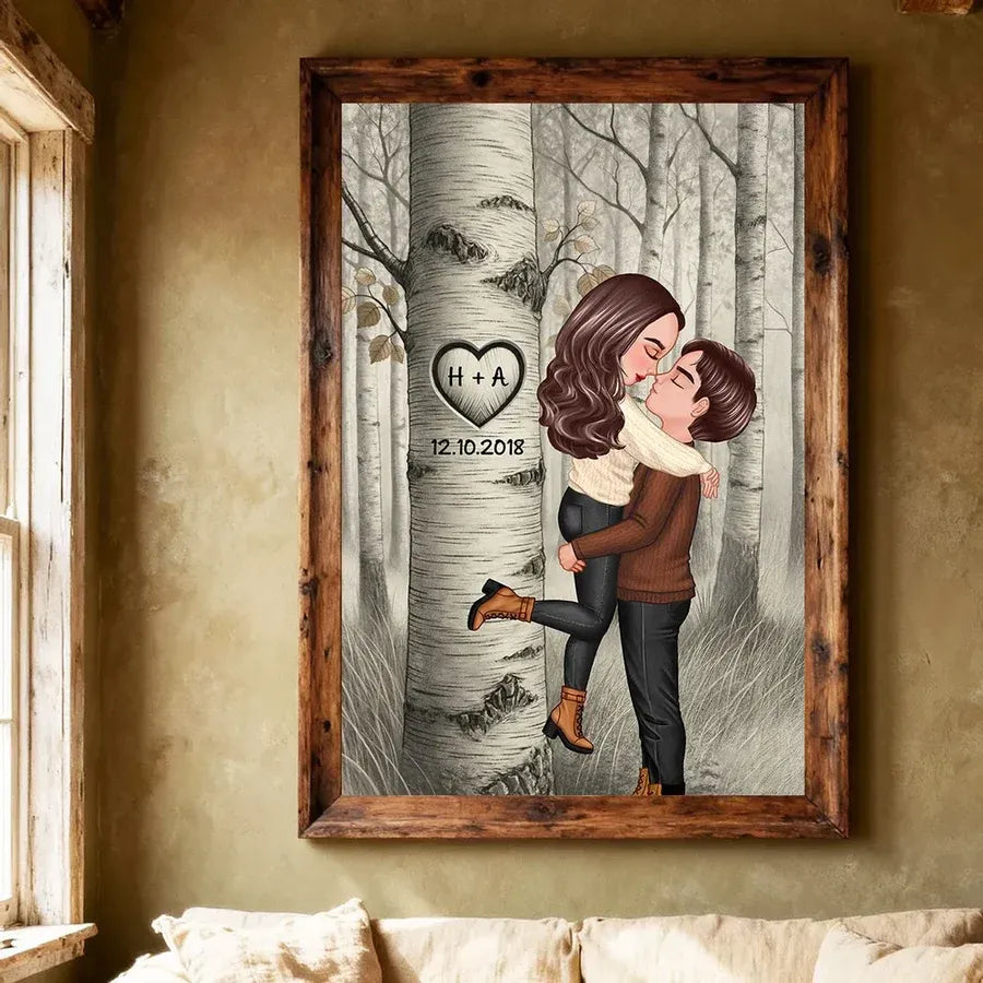 Personalized Forest Couple Wall Art with Carved Heart Tree