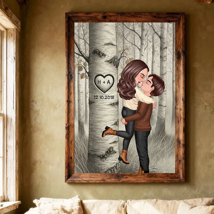 Personalized Forest Couple Wall Art with Carved Heart Tree