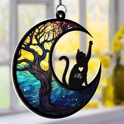 Personalized Cat and Crescent Moon Wood and Acrylic Ornament