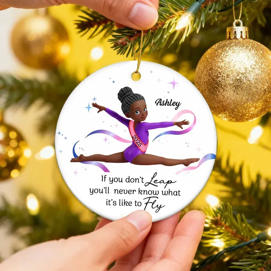 Personalized Gymnast Ornament with Leap and Fly Quote