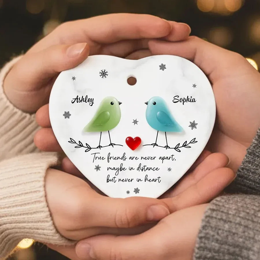 Personalized Ceramic Heart Ornament with Birds and Friendship Quote