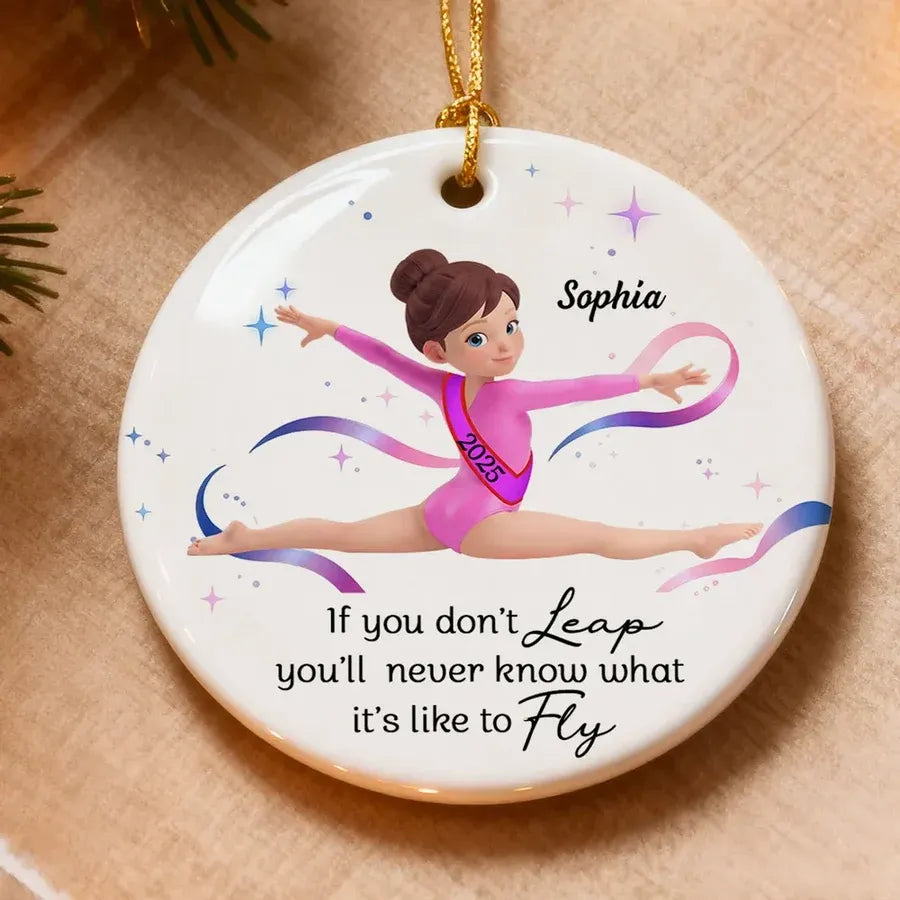 Personalized Gymnast Ornament with Leap and Fly Quote