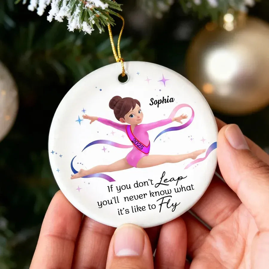 Personalized Gymnast Ornament with Leap and Fly Quote