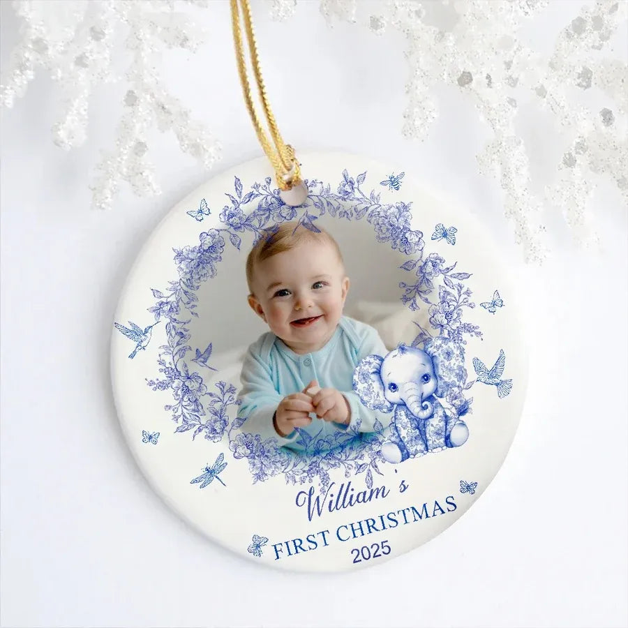 Personalized Baby's First Christmas Ceramic Ornament with Blue Floral Wreath