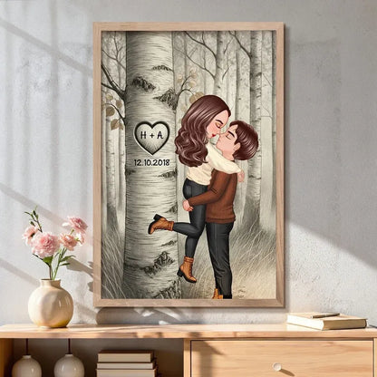 Personalized Forest Couple Wall Art with Carved Heart Tree
