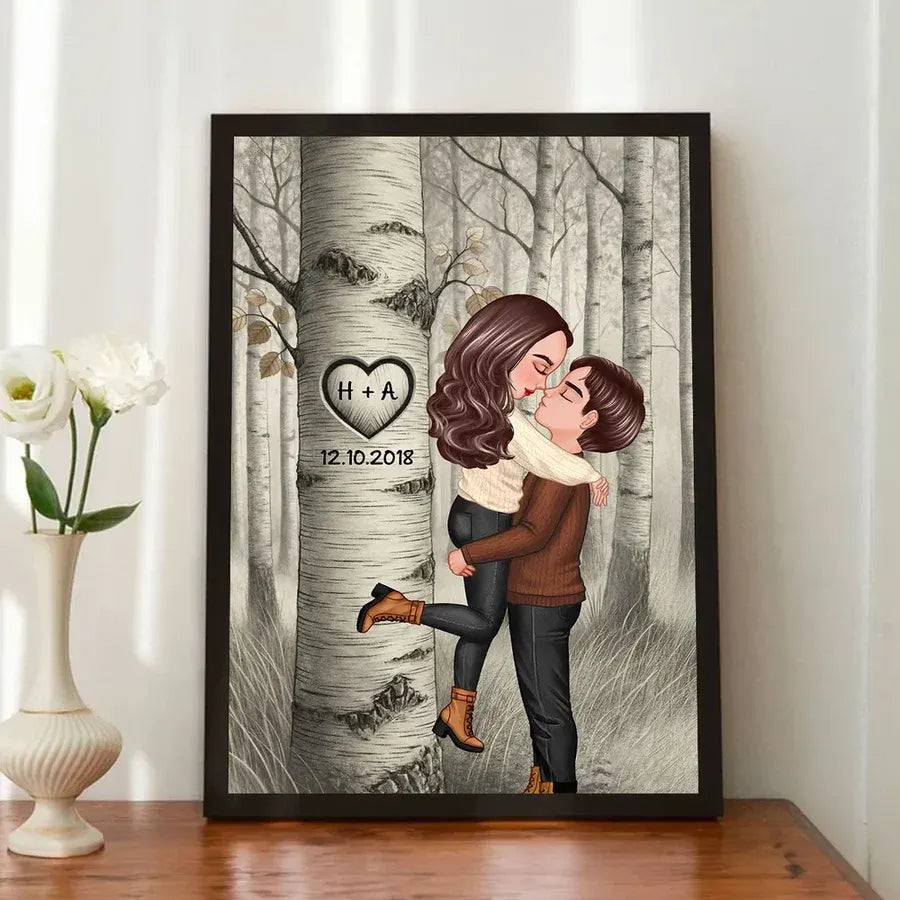 Personalized Forest Couple Wall Art with Carved Heart Tree