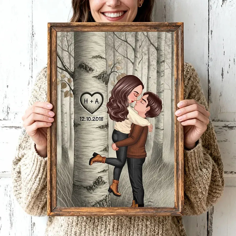 Personalized Forest Couple Wall Art with Carved Heart Tree