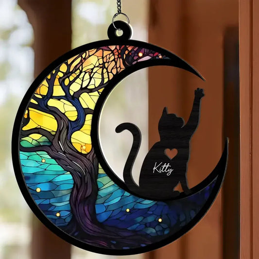 Personalized Cat and Crescent Moon Wood and Acrylic Ornament