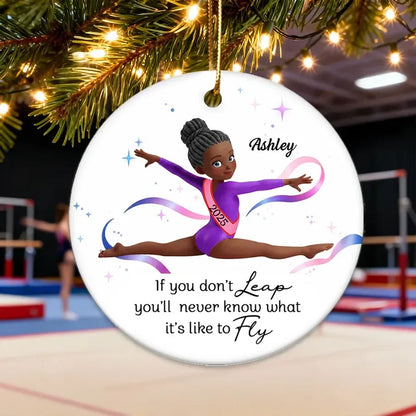 Personalized Gymnast Ornament with Leap and Fly Quote