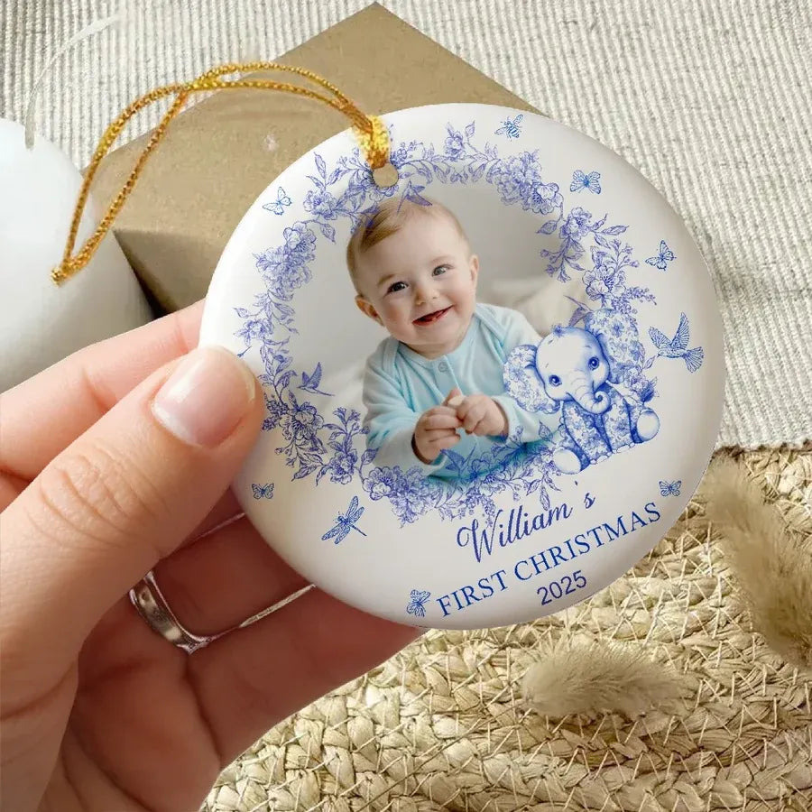Personalized Baby's First Christmas Ceramic Ornament with Blue Floral Wreath