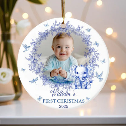 Personalized Baby's First Christmas Ceramic Ornament with Blue Floral Wreath