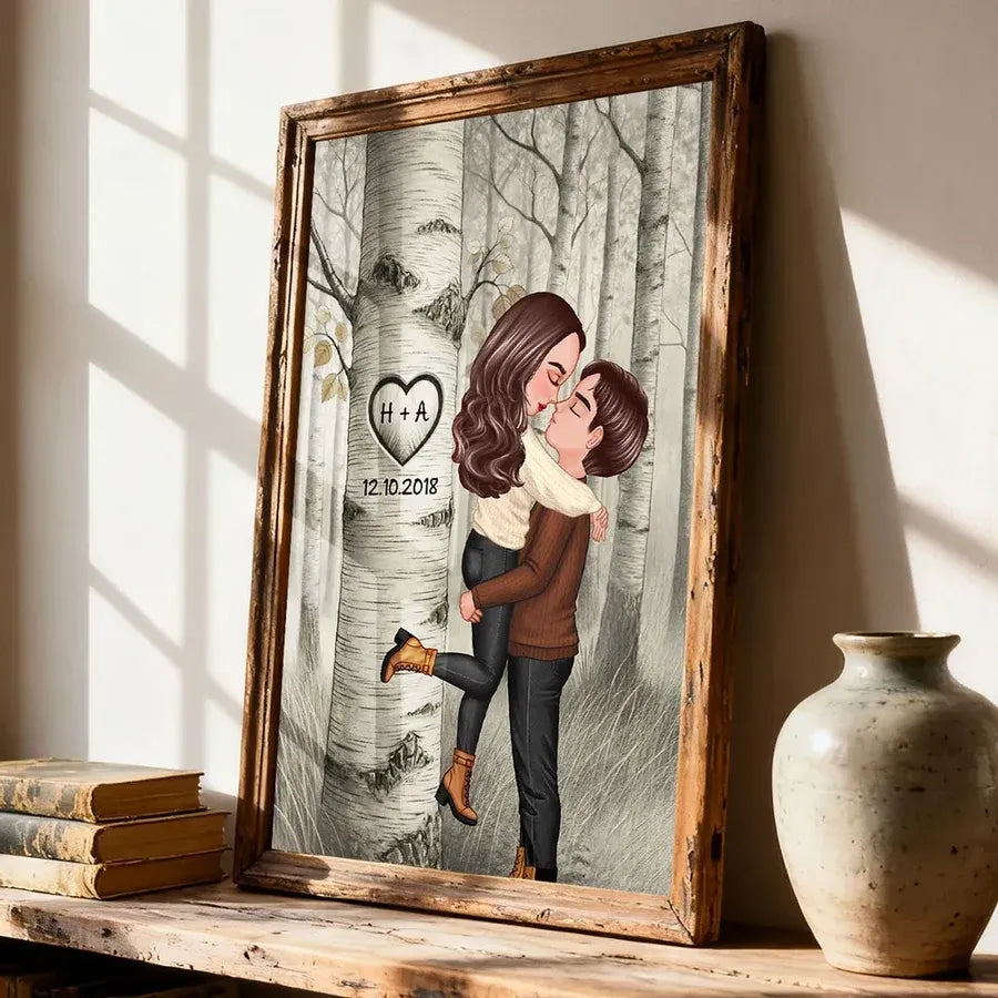 Personalized Forest Couple Wall Art with Carved Heart Tree