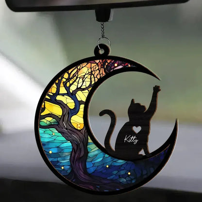 Personalized Cat and Crescent Moon Wood and Acrylic Ornament