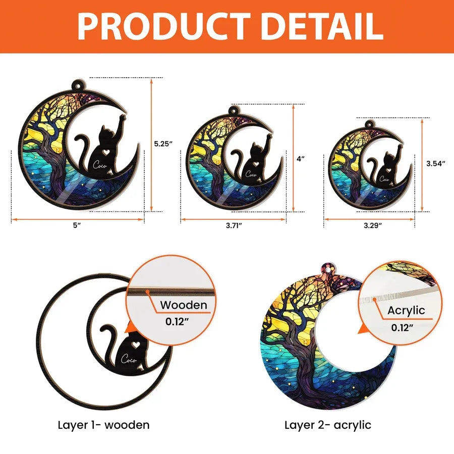 Personalized Cat and Crescent Moon Wood and Acrylic Ornament