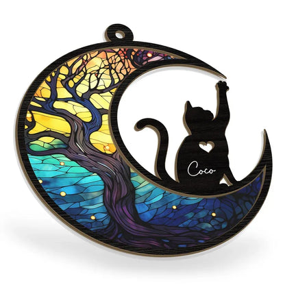Personalized Cat and Crescent Moon Wood and Acrylic Ornament